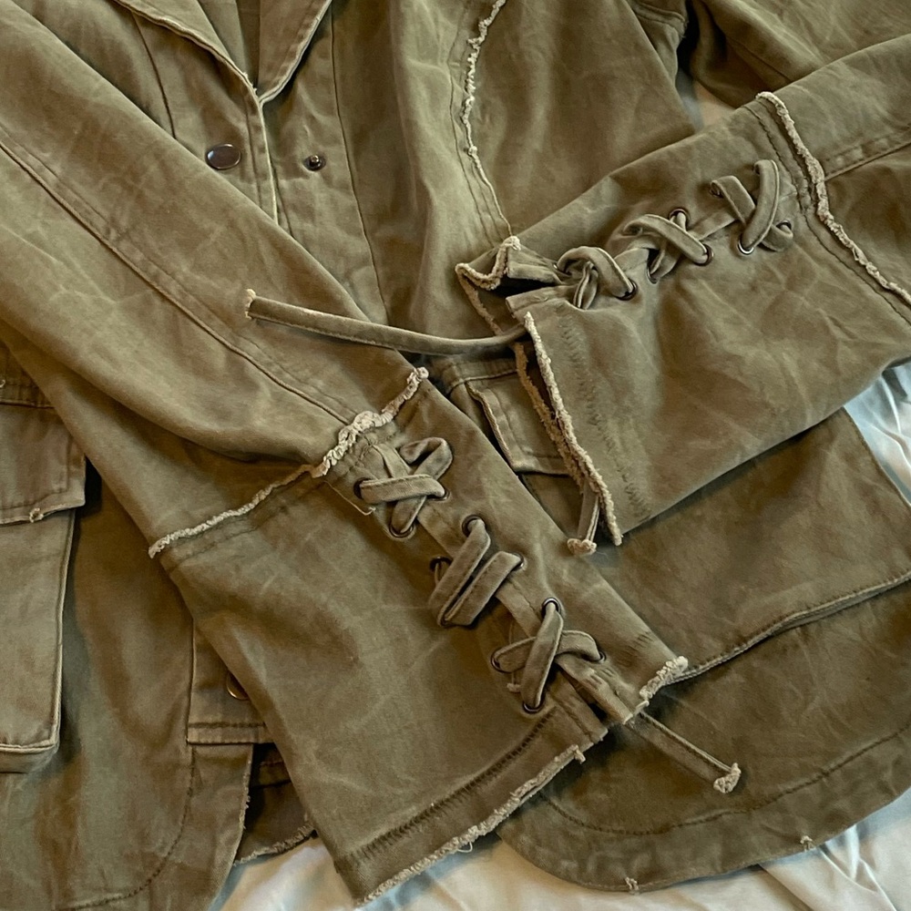 Free People Distressed Army Green Fitted Jacket Size Small - Picture 7 of 10